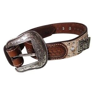 Nocona Embellished Leather Belt 26" Length Child Silver Buckle Conchos